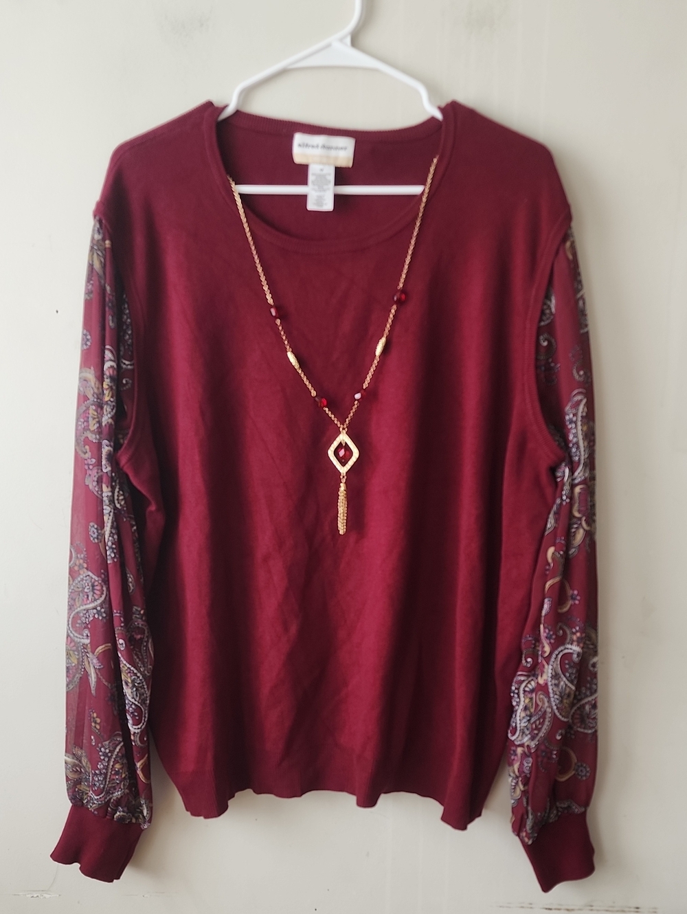 Alfred Dunner Burgundy Pullover with Paisley Sheer Sleeves